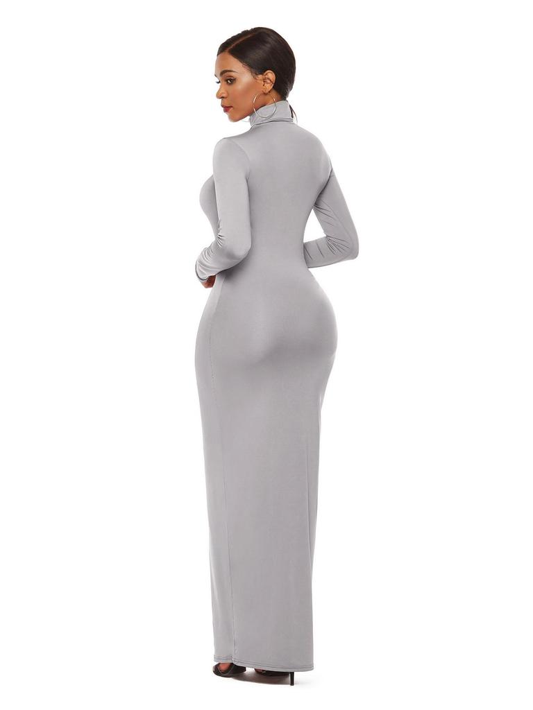 Women's Long Sleeve Solid Color Slim Fit High Neck Dress - European & American Fashion
