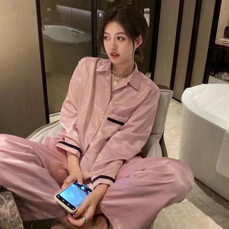 Silk Pajamas Women's Long Sleeve Cardigan Long Pants Pajamas Set Printed Kawaii Clothes Home Clothes