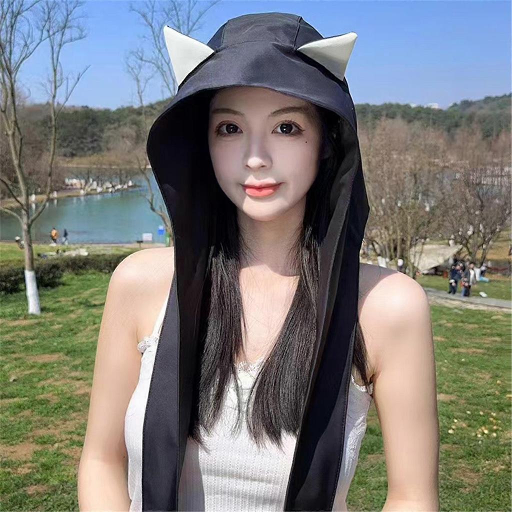 Multiuse Sun Hat Shoulder Bag Hat Breathable Bucket Hat With Fun Devil Ear Design Great For Women Outdoor Adventures Purple