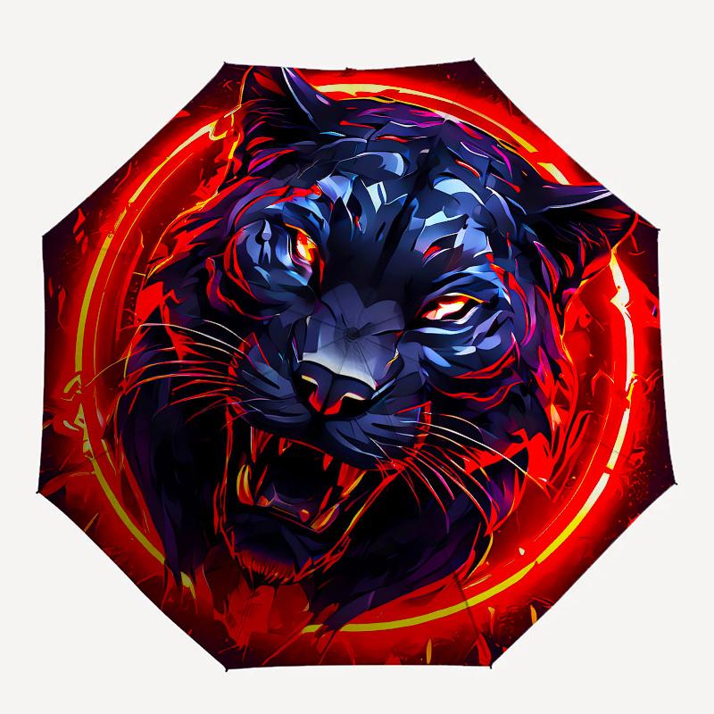 Tiger, Fire Automatic Folding Umbrella  8 Ribs, Durable Iron Frame, Bright Color Pattern Compact Travel Umbrella, Suitable for Outdoor, Beac