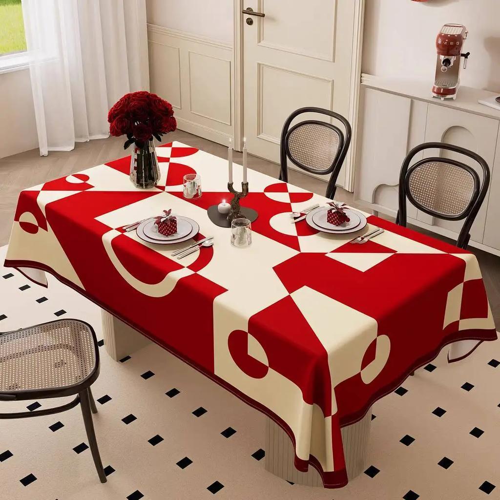 Rectangle Red Printed New Year Tablecloth High-Grade Beauty Camellia Decorative Cloth Geometric Pattern Dustproof Table Cover