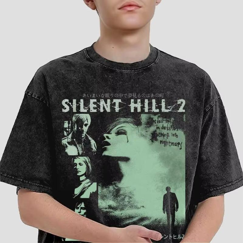 Silent Hill 2 Βιντεοπαιχνίδι Μαύρο Ρετρό Gaming Παιχνίδι Μεγάλο T-shirt 100% Βαμβάκι Vintage Πλυμένο T-shirt για άνδρες γυναίκες hiphop streetwear