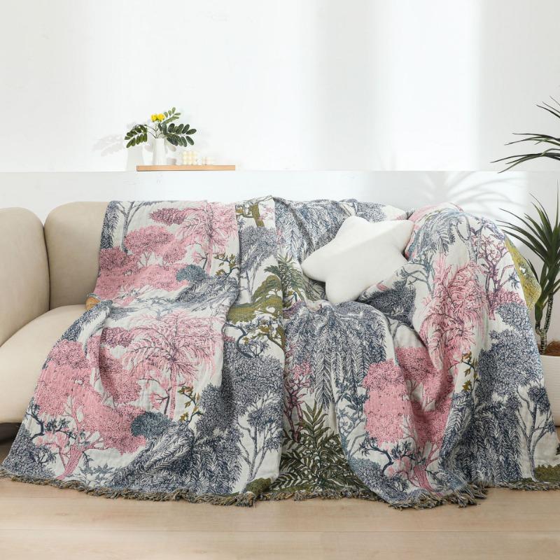 Willow Forest Throw Blanket 200x230cm,100% Cotton Blankets for Couch Bed,tassel Cotton Quilt Blankets for Farmhouse Home Decor Soft Lightweight Picnic