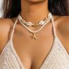 Boho Gold Color Starfish Shell Pendant Necklace for Women Double Layer Rice Beads Sea Shell Choker Summer Beach Party Jewelry