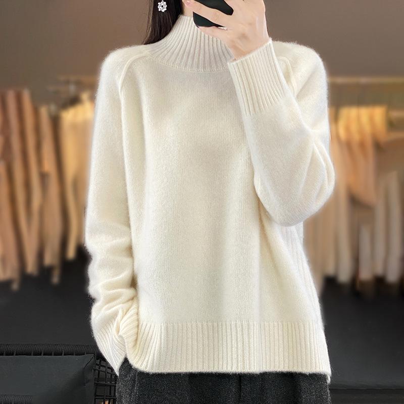 High-Neck Women's Wool Sweater: Autumn/Winter Loose Fit, Raglan Sleeve, Solid Color Pullover in Wang Fei's Style