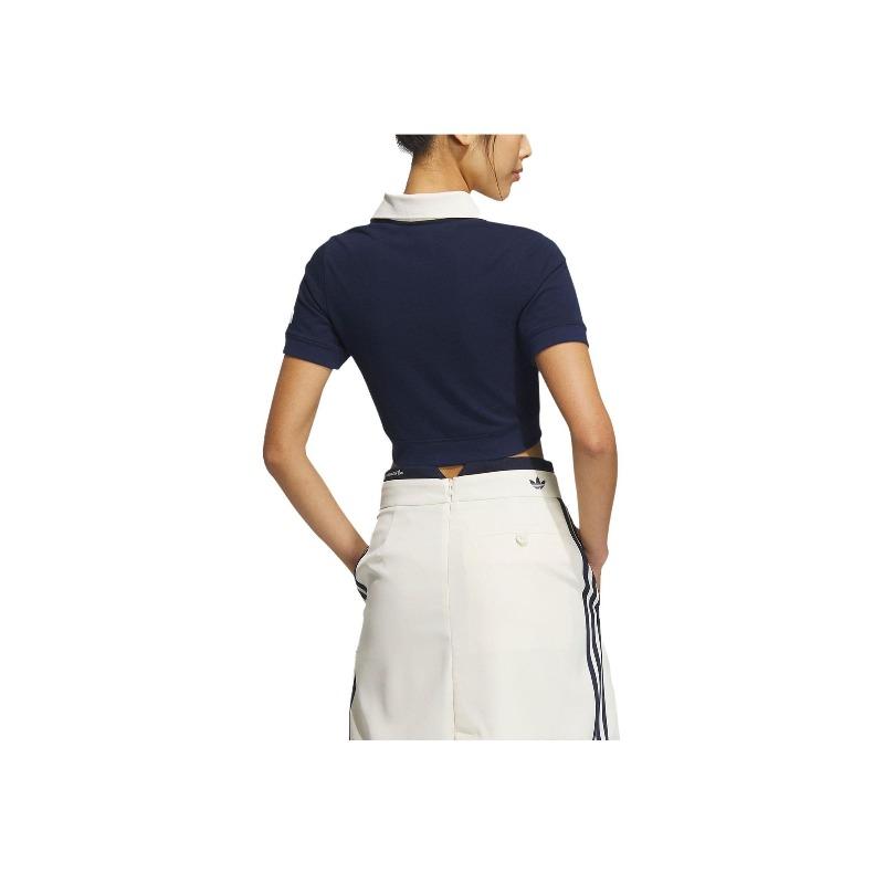 Adidas Originals X Notitle FW23 Contrast V-Neck Crop Polo Shirt Women Tops Blue IN1083
