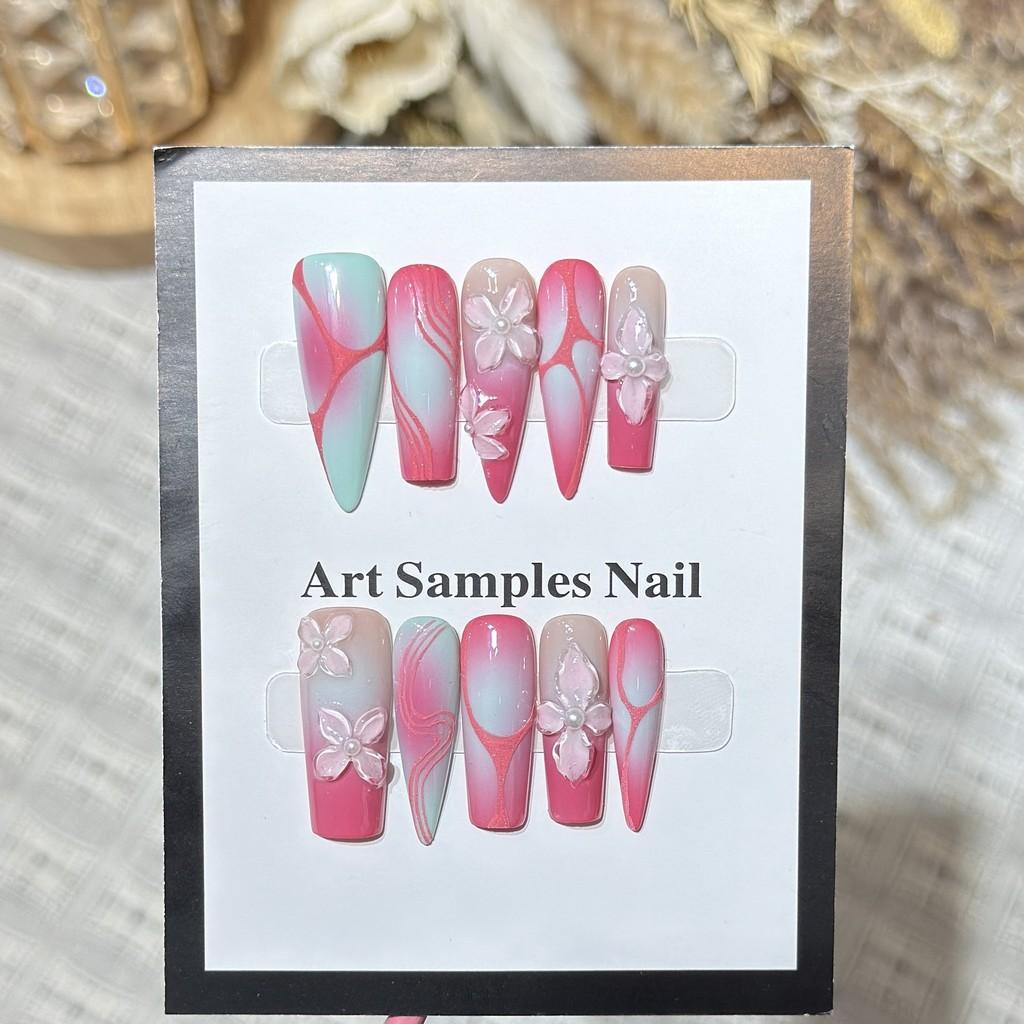 Handmade Press On Nail Sweet Cool Vacation Style Pink Gradient 3D Carved Flowers Mixed Nail Shape Type Fake Nail Patch Artificial Nail Reusable XS