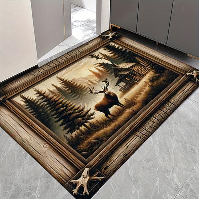 Non-slip Reindeer Carpet Forest Cabin Design Floor Mat Wood Grain Border Living Room Bedroom Kitchen Laundry Room Office Rug