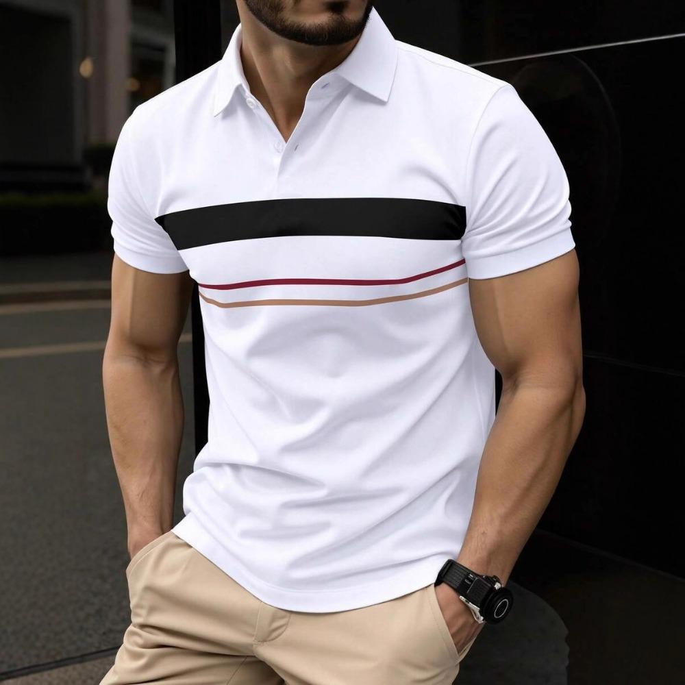 Men's Polo Shirt with Digital Print, Lapel, Striped Short Sleeved Casual Versatile Top