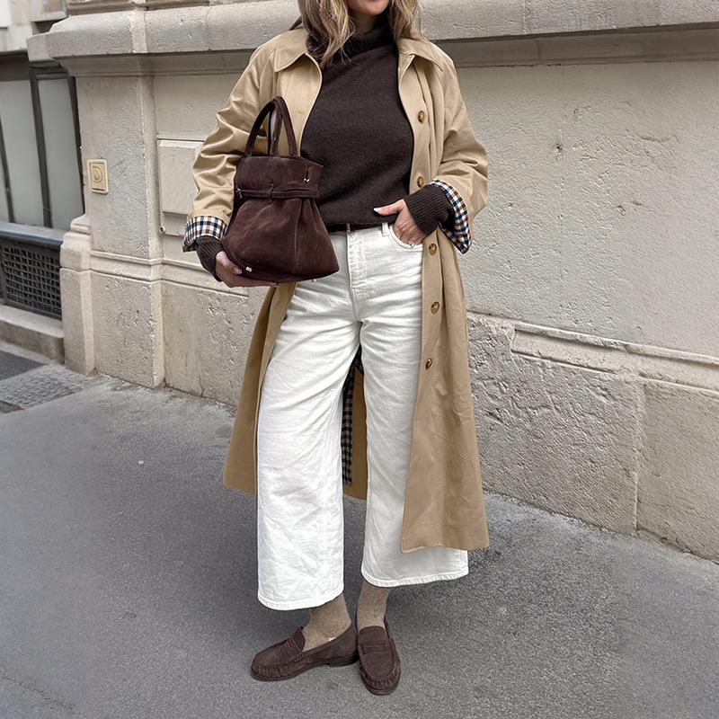 Long Trench Coat for Women Winter Single Breasted Plaid Patchwork Overcoat Casual Windproof Lapel Jacket with Pocket