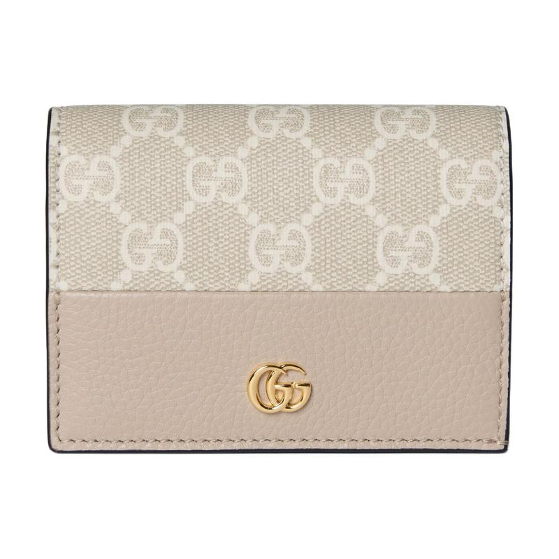 Gucci GG Marmont Logo Print Gold Hardware Leather and Canvas Wallet Mini Women's Beige and White