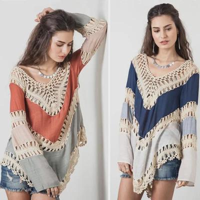 Luźna bluzka szydełkowa w stylu boho: Długi sweter plażowy z kwiatowym wzorem i ochroną przeciwsłoneczną
