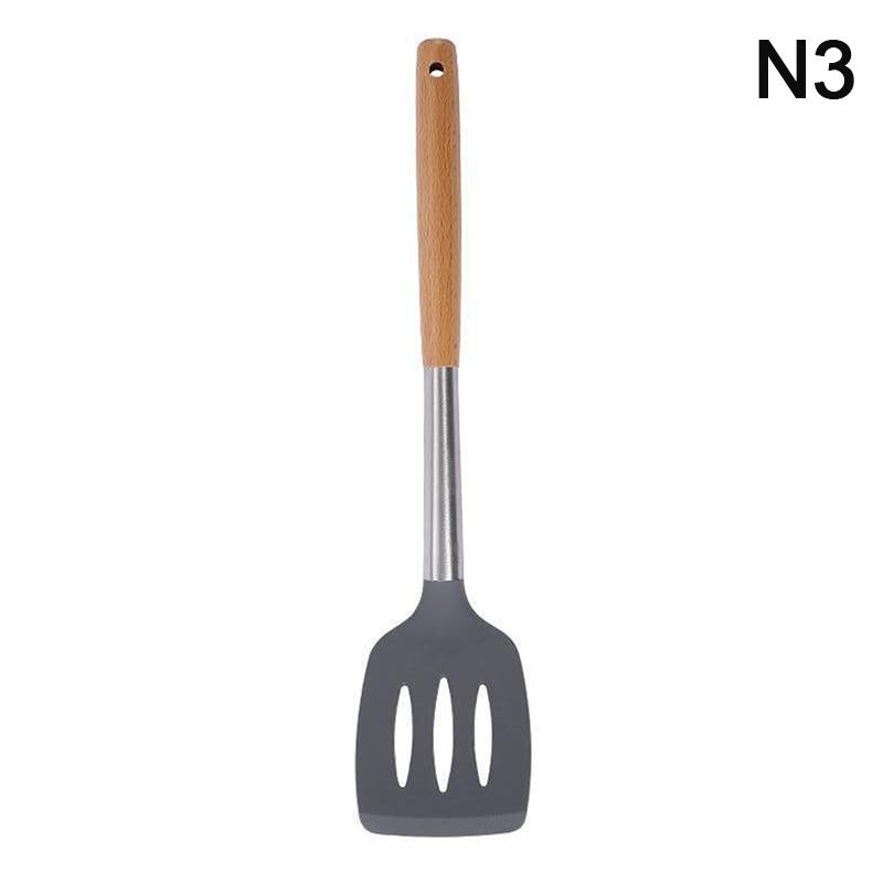 Silicone Kitchen Utensils Wooden Handle Non Stick Pot Kitchenware Cooking Heat-Resistant Soup Spoon Pasta Colander Shovel