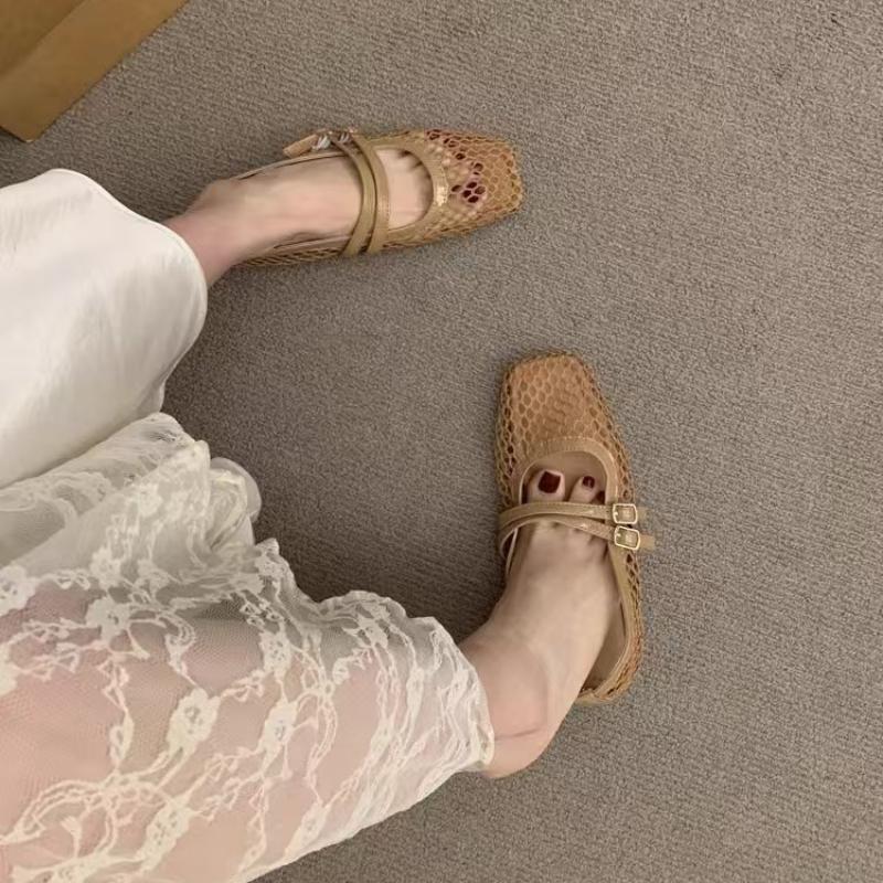 Fashion 2025 New Women Mesh Fishnet Ballerina Flats Comfortable Buckle Strap Ballet Flats Breathable Casual Walking Shoes for Commuting