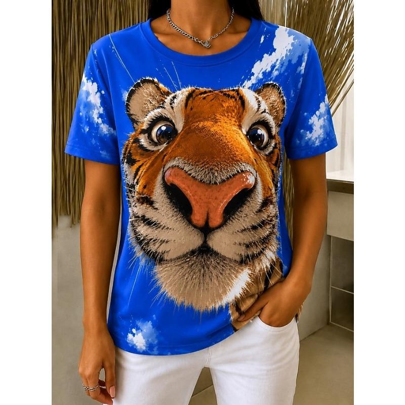 Women's T Shirt Print Graphic Animal Vintage Stylish Classic Short Sleeve Crew Neck Regular Tops Daily Weekend Black White Gold Summer Spring Fall