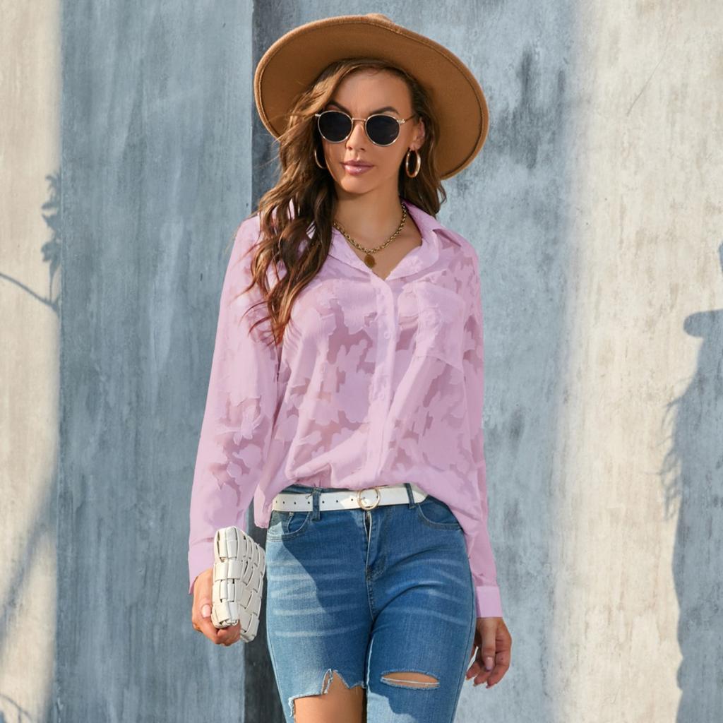 Luxurious Jacquard Sheer Blouse - Stylish Button-down with Elegant Long Sleeves - Perfect for Spring and Fall Closets!