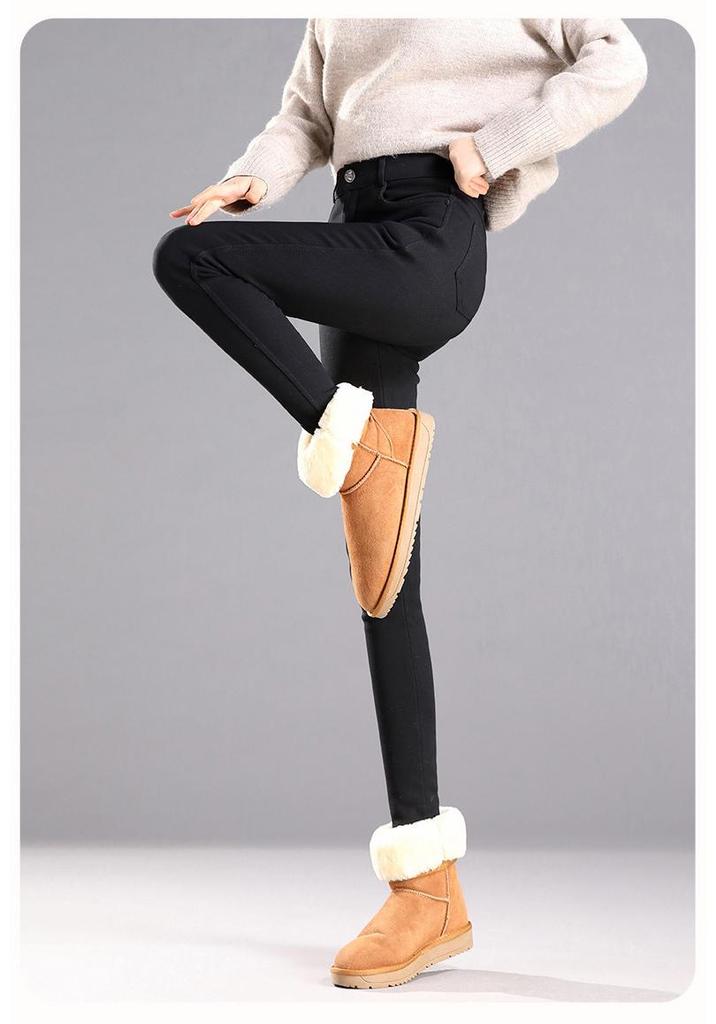 Women's High-Waisted Fleece-Lined Black Leggings, Autumn/Winter 2025, Stretchy, Slim-Fit Pencil Pants