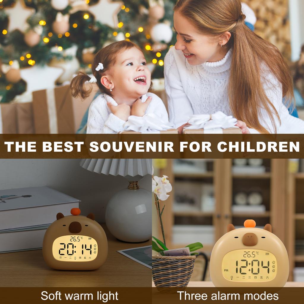 1Pc Cute Capybara Alarm Clock Bedside LED Clocks with Dimming Night Light 3 Workday Alarm Mode Rechargeable Alarm Clock for Kids