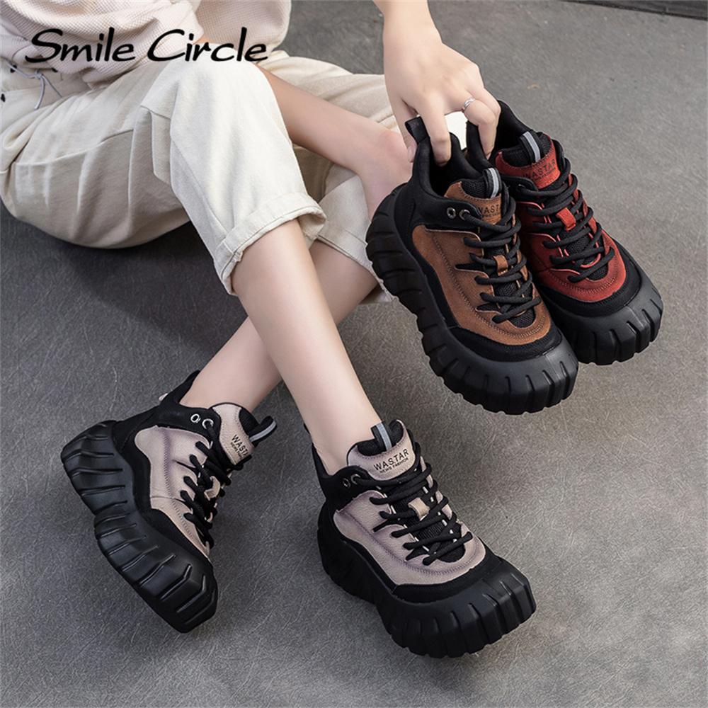 Damen Sneakers aus echtem Leder mit runder Spitze und dicker Unterseite, bequeme modische Freizeitschuhe