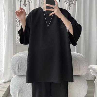 Summer Men T-shirt Round Neck Loose Mid Length Solid Color Waffle Texture Plus Size Half Sleeves Japanese Style Streetwear Outdoor Top