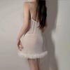 Pyjama doux pour femme, sexy, col en V, maille transparente, plumes, bretelles, chemise de nuit, ensemble uniforme