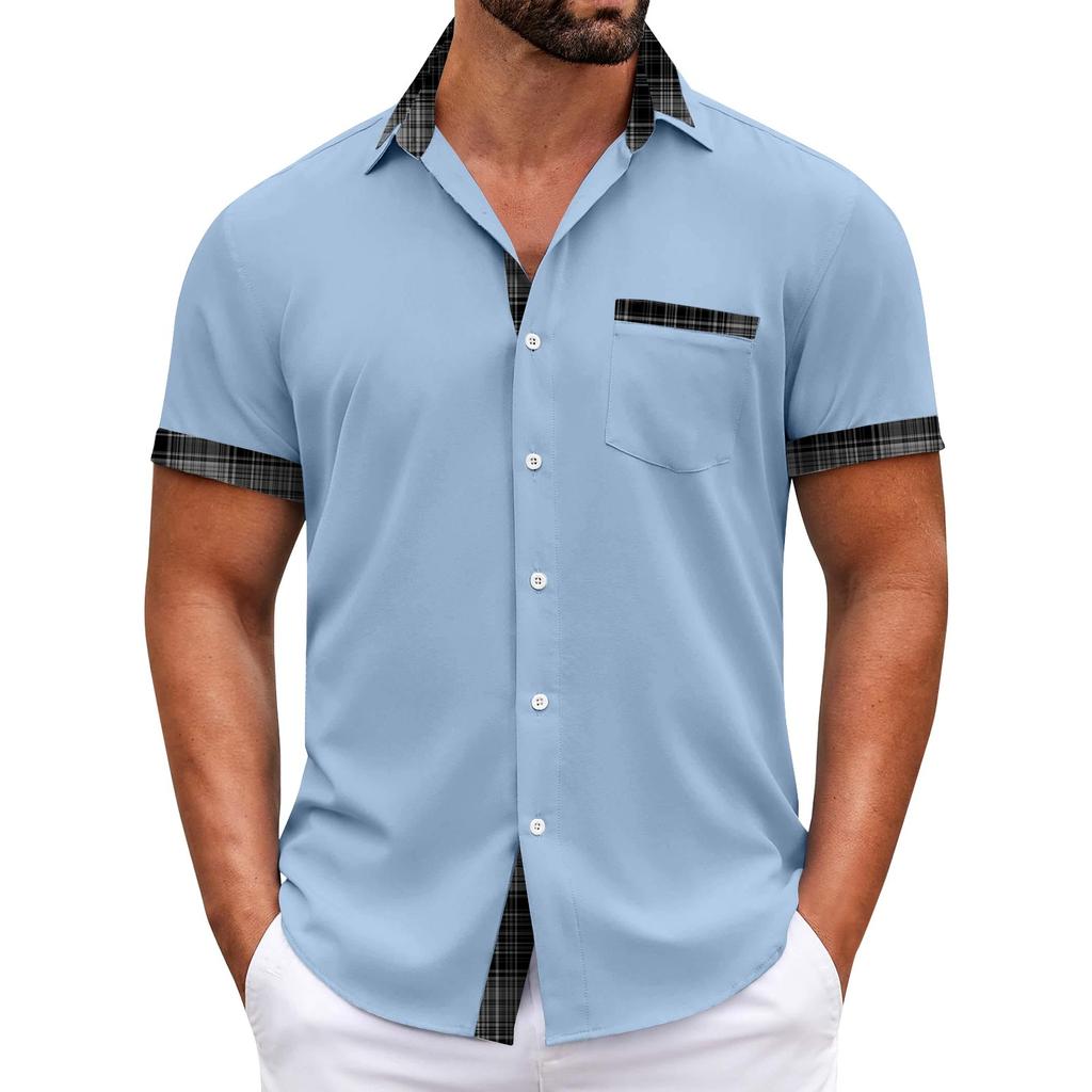 Pánské kostkované košile s krátkým rukávem s potištěným knoflíkem Pánská móda pro volný čas Košile s krátkým rukávem