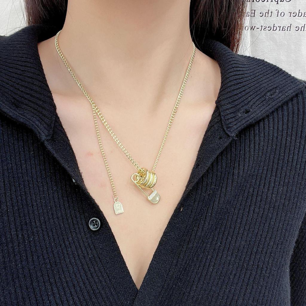 Elegant Frosted Three-Ring Paper Clip Necklace - Women's Sweater Chain & Hoodie Accessory