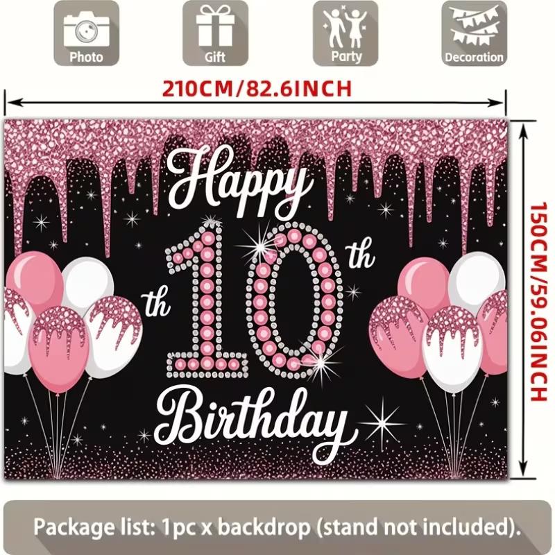 2D 10th Birthday Backdrop, Pink Sparkle Drip with Balloons Photography Background