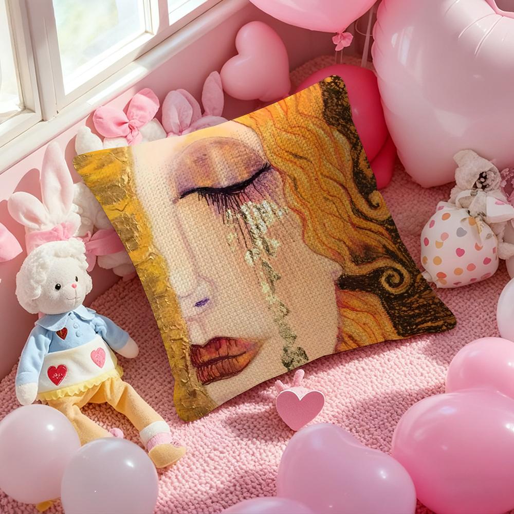 Gustav Klimt Oil Painting Cushion Cover Natural Linen Organic Fabric Double-Sided Printing Sofa Home Decor Gift Pillow Case