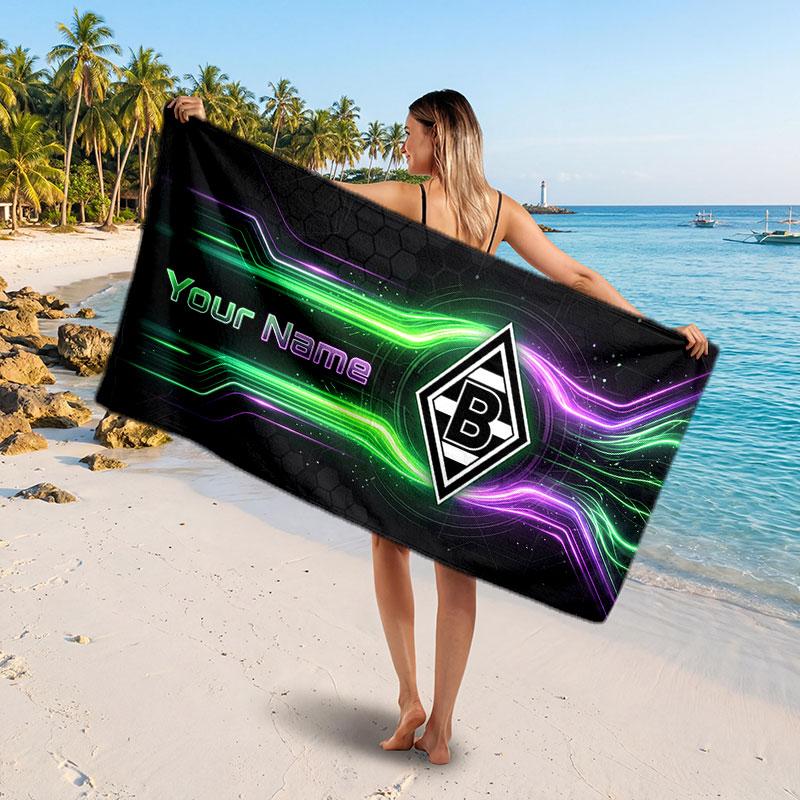 Borussia Mönchengladbach Custom Beach Towel, Personalized Name Text Print, Football Logo Soft Quick‑Dry Towel Holiday Gift