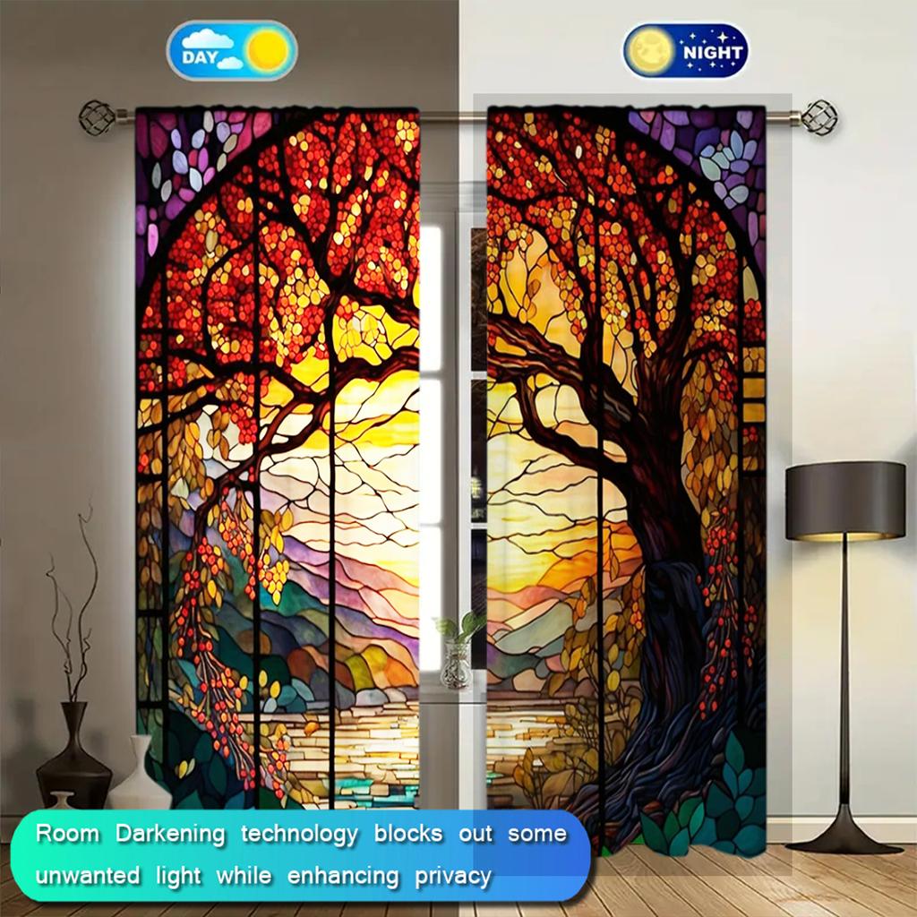 2 Stück Farbglasfenster Bedruckter Vorhang für Heimdekoration - Stangentasche Fensterdekoration für Schlafzimmer, Büro, Küche