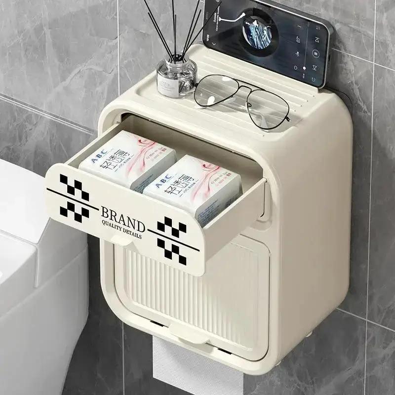 Nordic Style Checkerboard Bathroom Paper Towel Box Double Layer Shelf Waterproof No Perforated Wall Mounted Roll Paper Boxes