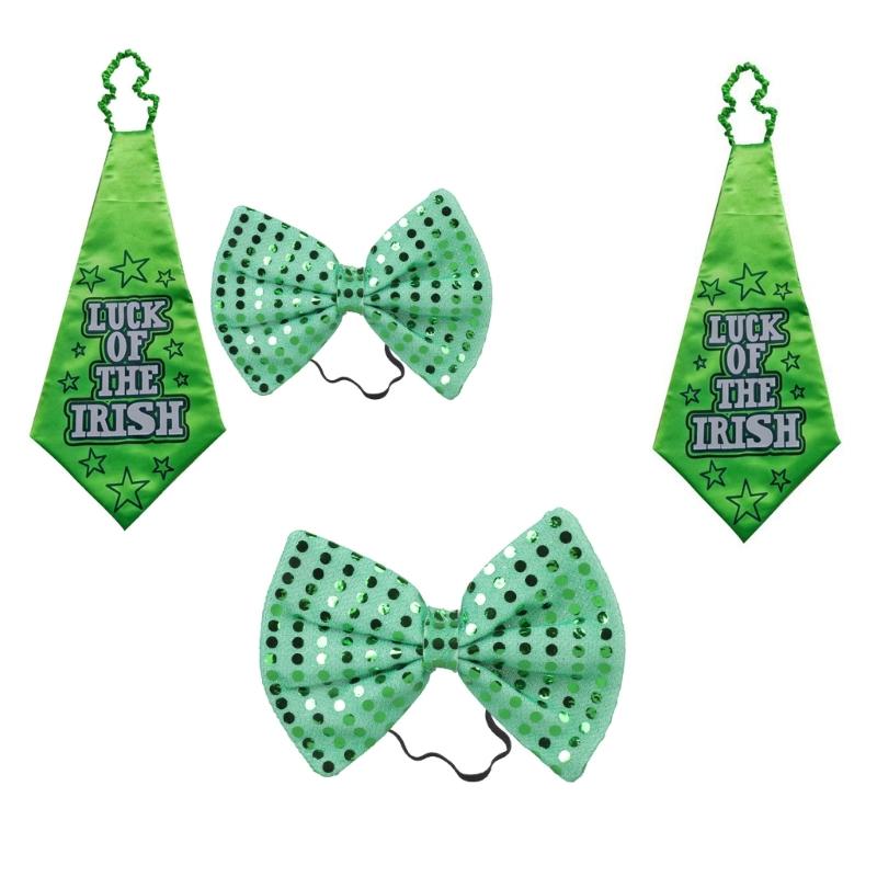 Saint Patrick's Day Novelty Lucky of the Irish Neck Tie and Sequins Bowtie Set for Festival Celebrations and Parties