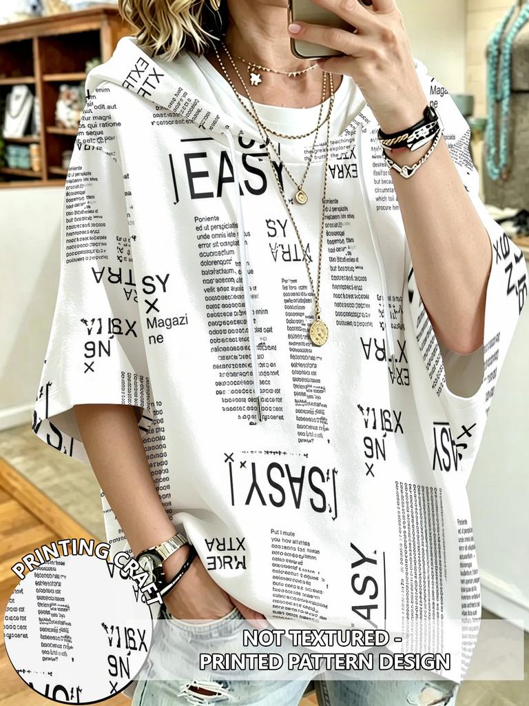 Newspaper print all over loose shoulder sleeve hoodie European and American retro street style plus size women newspaper print hoodie