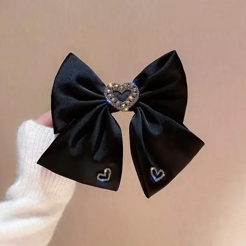 

New Fabric Bow Hair Clips Crystal Heart-shaped Spring Clip Hairpins for Women Barrettes Korean Headpiece Girls Hair Accessories чорний