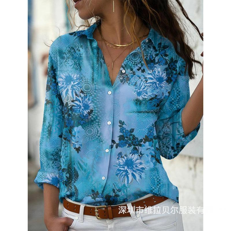 New Fashion Floral Print Lapel Plus Size Shirts for Women Elegant Button Up Long Sleeve Women's Casual Blouses Tops Slim Fit Simple Lady Shirt 26613