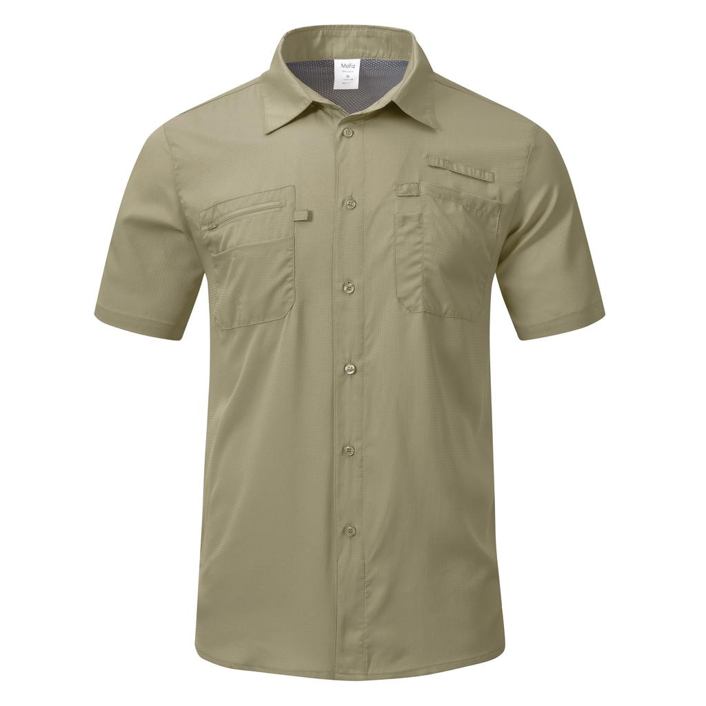 MoFiz Short Sleeve Outdoor Mesh Military for Everyday Casual and Summer Green 3XL Men's Open-Collar Shirt, Breathable, UPF50+, Quick-Drying, Lining,