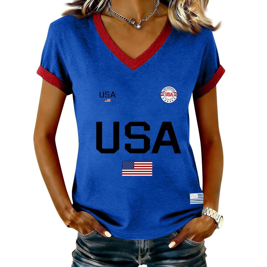 Damen Lässiger V-Ausschnitt Kurzarm Pullover Bedrucktes T-Shirt Top