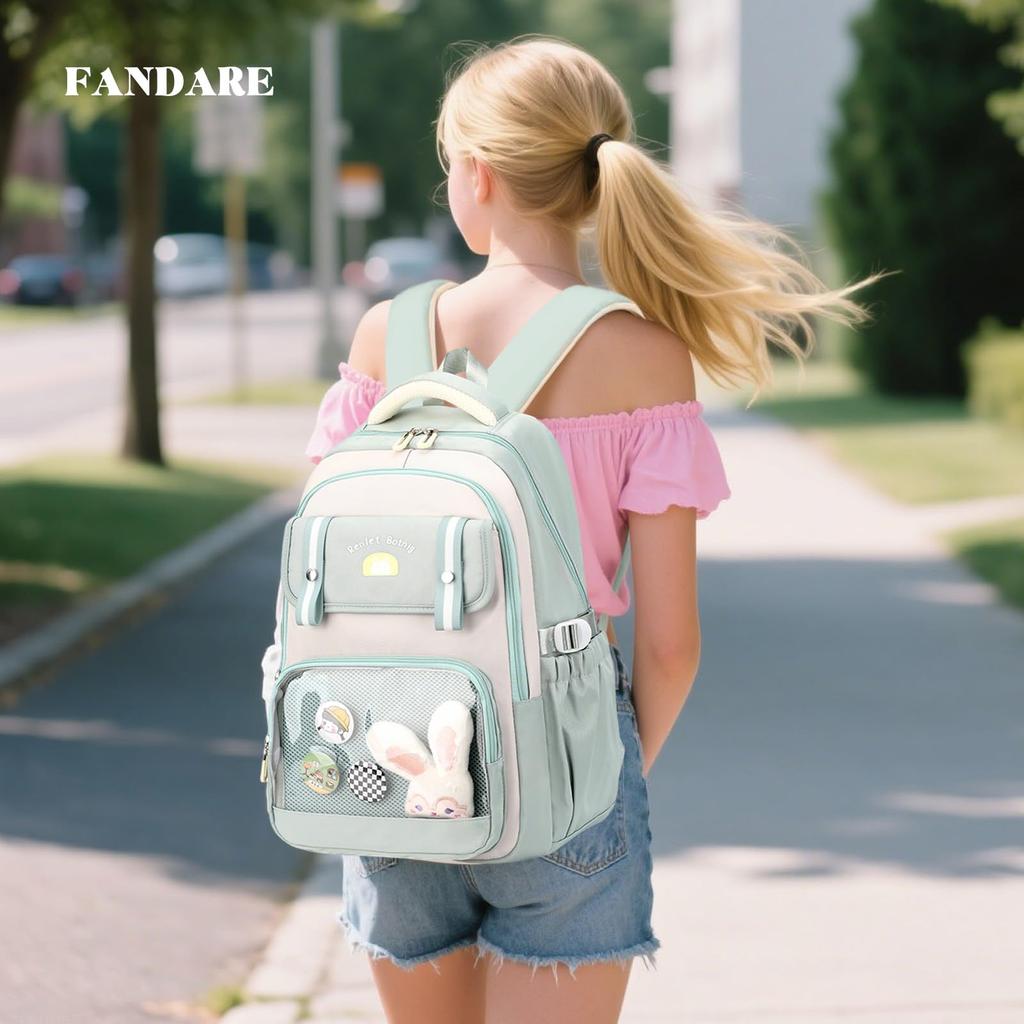 FANDARE Women's School Backpack, Korean Design, Large Capacity, Lightweight, A4 Size, Cute Daypack with Button Badge and Plush Bunny, Security Back