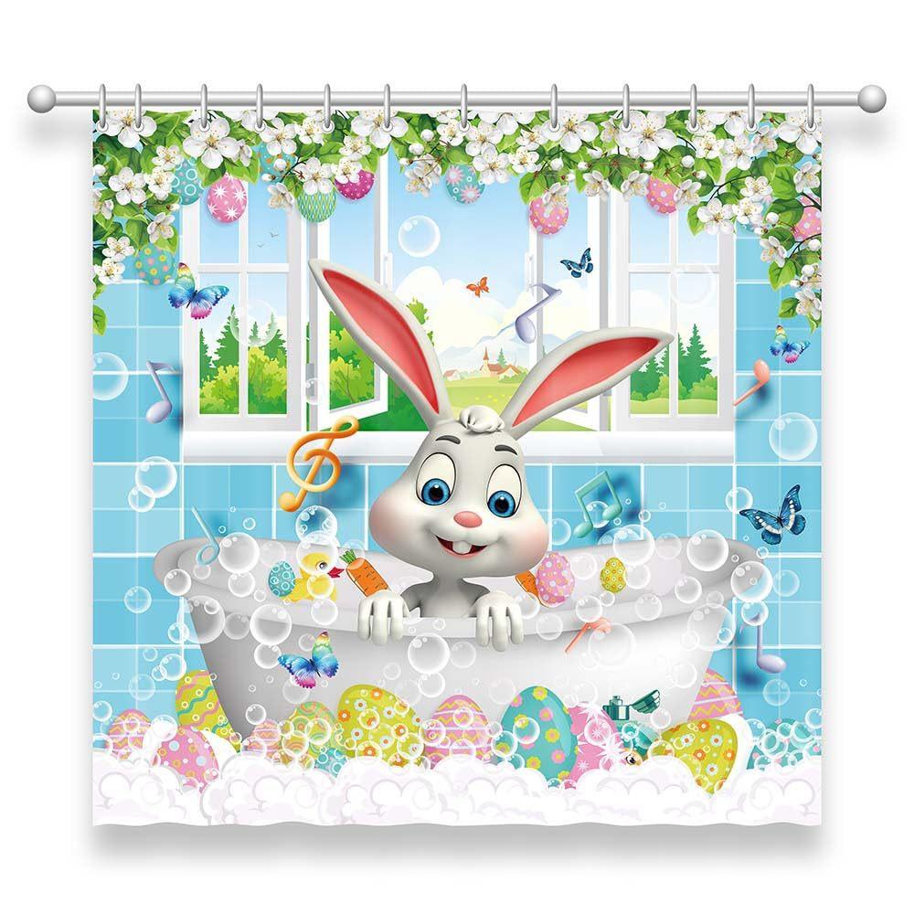 Flower Shower Curtain Spring Watercolor Flower Rabbit Festive Bathroom Curtain Blue And White Flower Shower Curtain Set With Hook