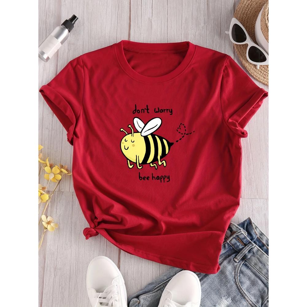 Cartoon Bee Print Crew Neck Casual Short Sleeve for Summer Women's Clothing Short Sleeved Harajuku Streetwear Clothing