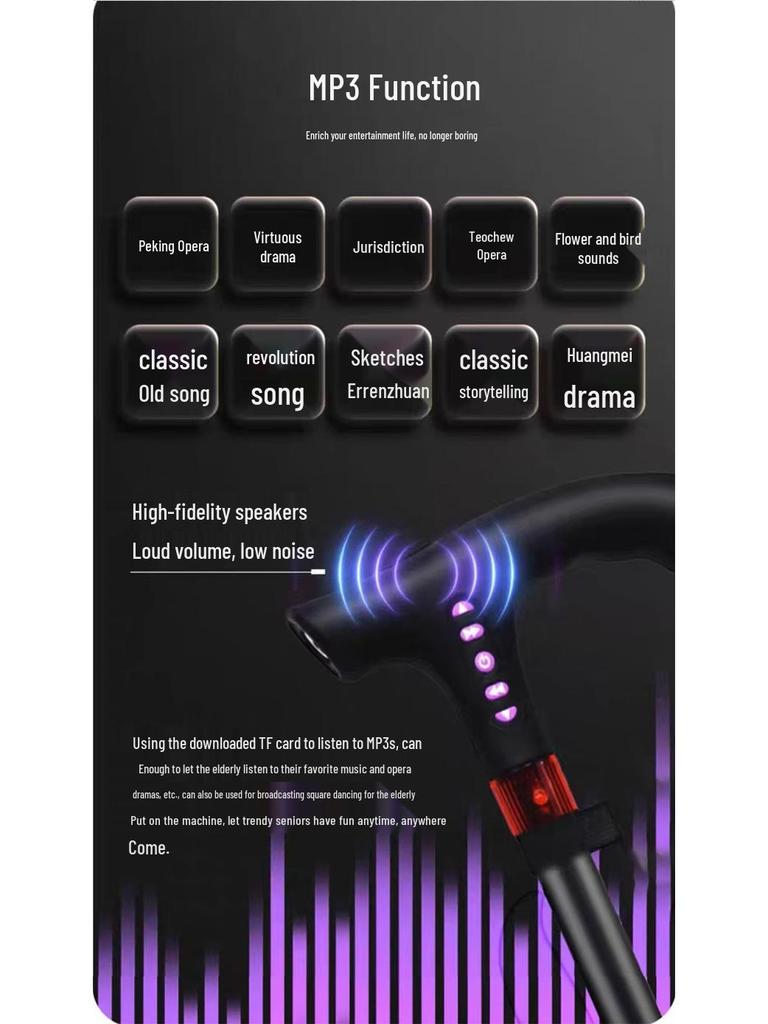 Smart Multi-Functional Telescopic Cane with Radio, Non-Slip Grip, LED Light, and Four-Legged Aluminum Alloy Base for Seniors.