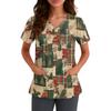 Women's V-Neck Scrub Top with Christmas Print Short Sleeve Pocket Side Slit Caregiver Uniform