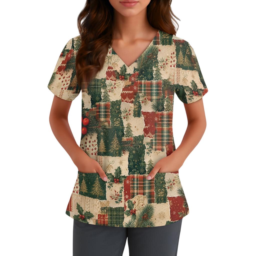 Women's V-Neck Scrub Top with Christmas Print Short Sleeve Pocket Side Slit Caregiver Uniform