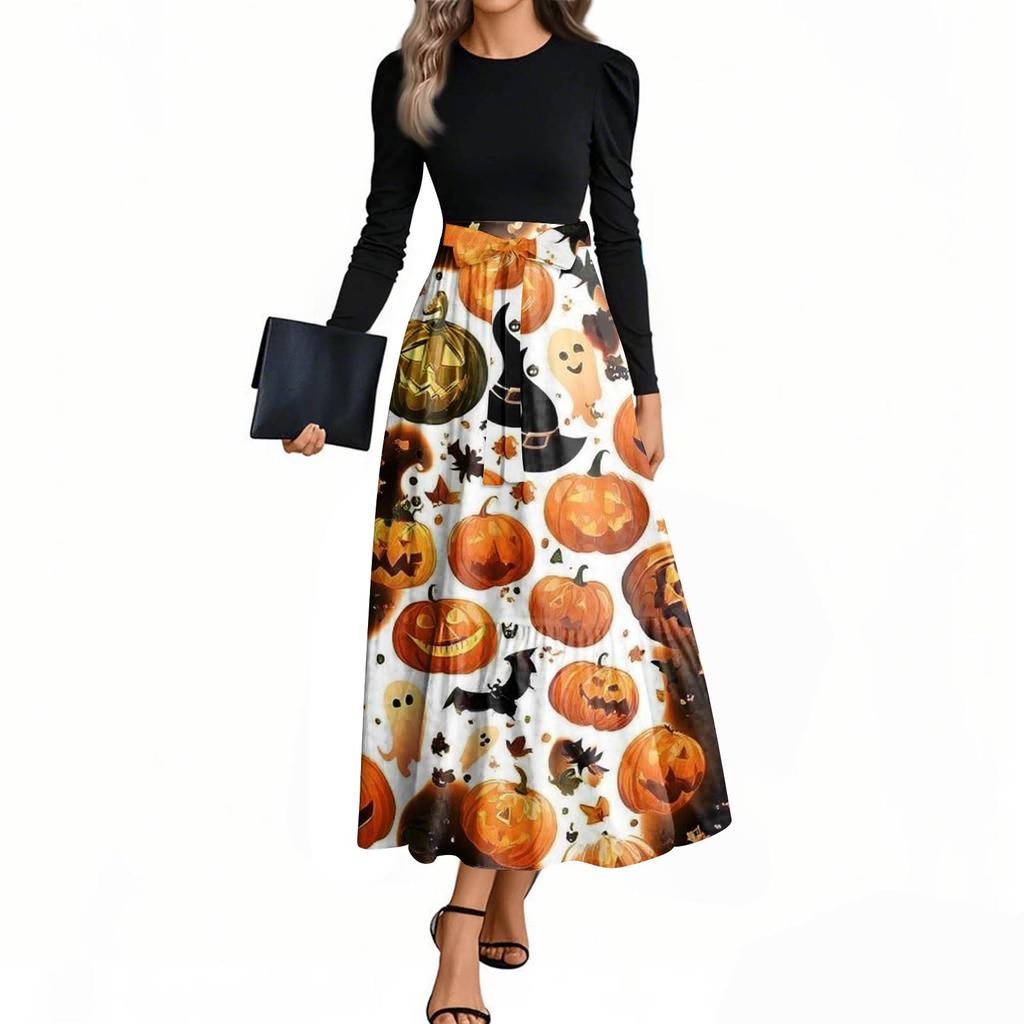 Women's Fashion Casual Belted Long Sleeve Round Neck Halloween Printed Elegant Temperament Dresses