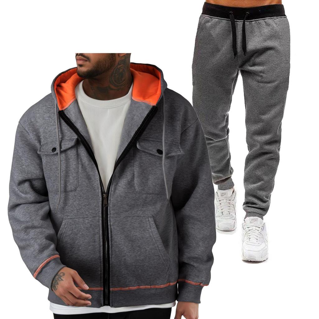 Men's European Size 220g Zip-Up Hoodie and Sweatshirt with Double Pockets - Sporty Casual Set