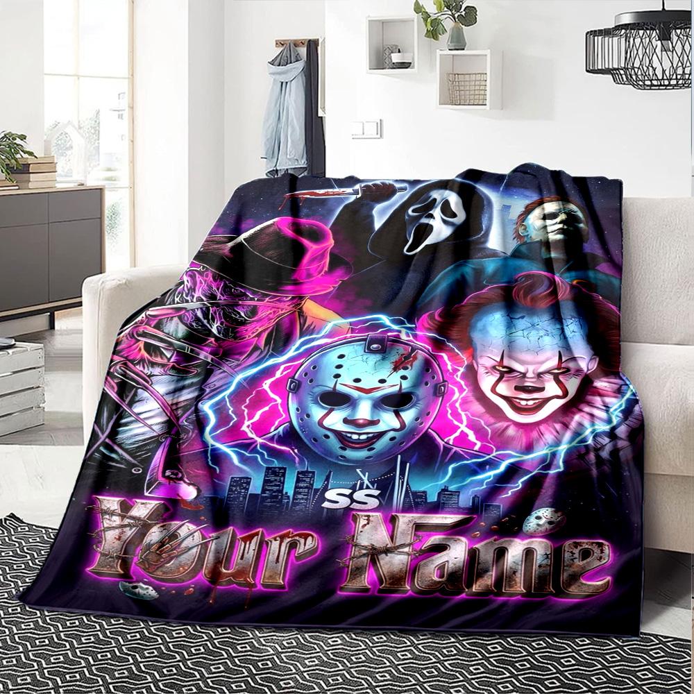 Name Custom Horror Themed Print Flannel Blanket High Quality Warm Comfortable Cover for All Seasons Perfect for Gifts Home Decor