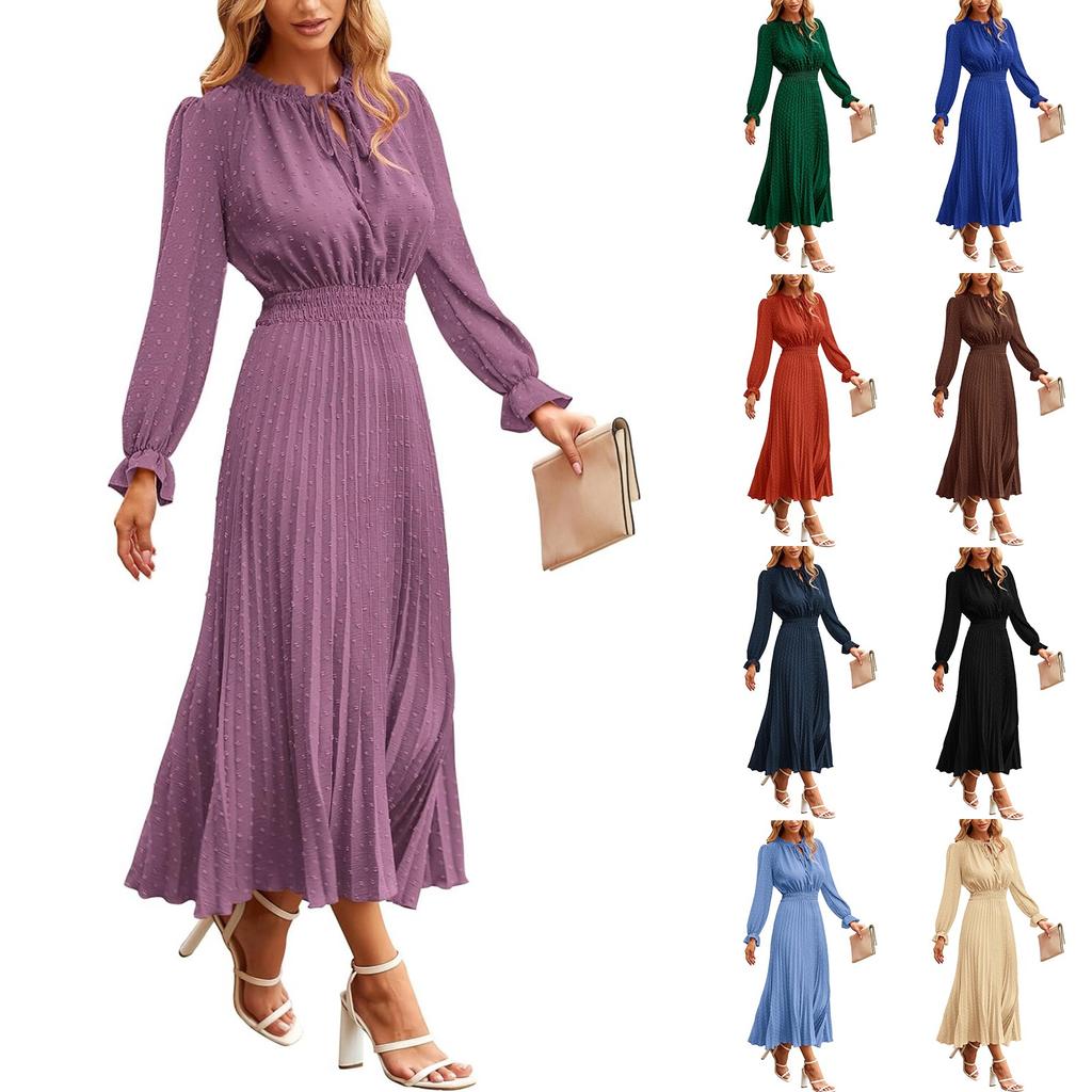 Women's Summer Fashion Loose V-Neck Long Sleeve Tie Solid Color Dresses