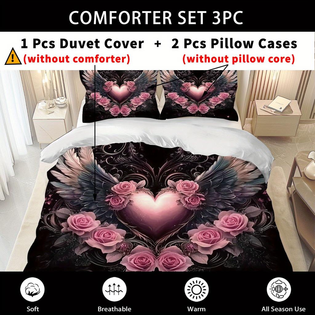 3Pcs Angel Wings And Roses Bedding Set, 1 Duvet Cover + 2 Pillowcases, Featuring A Heart-Shaped Design With Angel Wings