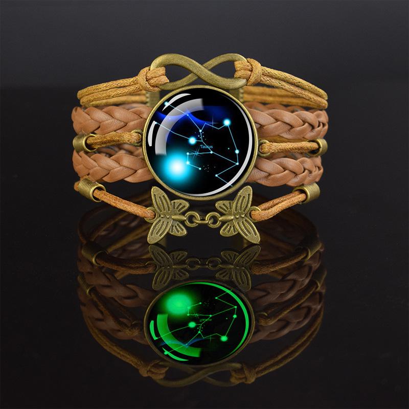 Светящийся Ретро Коричневый Плетеный Браслет с Бабочками и Созвездиями, Многослойный